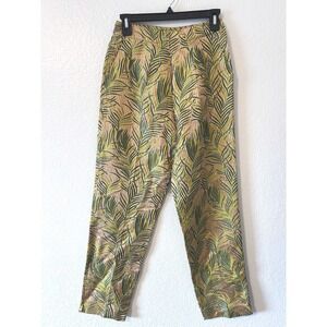 Artsy Boho Retro Tropical Palm Leaf Print Silk Blend Tapered Pants Size 2